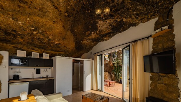 Un ambiente acogedor con un sofá, una mesa de madera, una zona de cocina y un televisor montado en una pared de piedra.