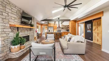 Smart TV, fireplace, books