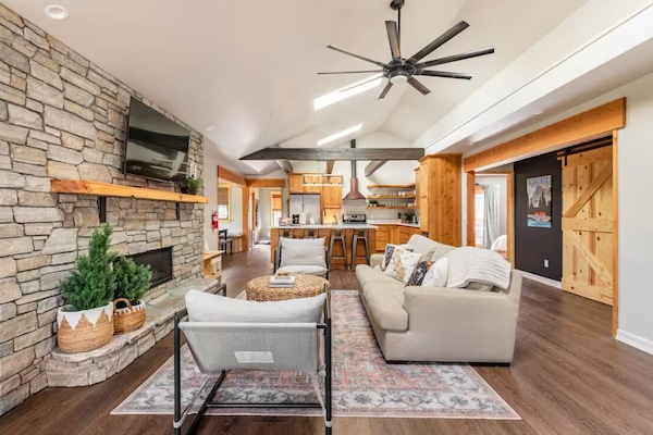 TV connectée, cheminée, livres