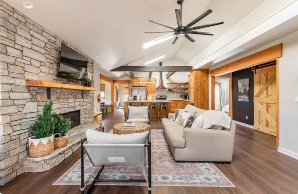 Smart TV, fireplace, books