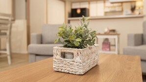 A woven basket with a plant on a wooden table in a modern living room with a grey sofa and a white side table. - InThe Heart Of Downtown Boise! (Boise)
