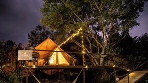 Een tentenaccommodatie met een houten terras en een hangmat, omringd door bomen en een nachtelijke hemel.