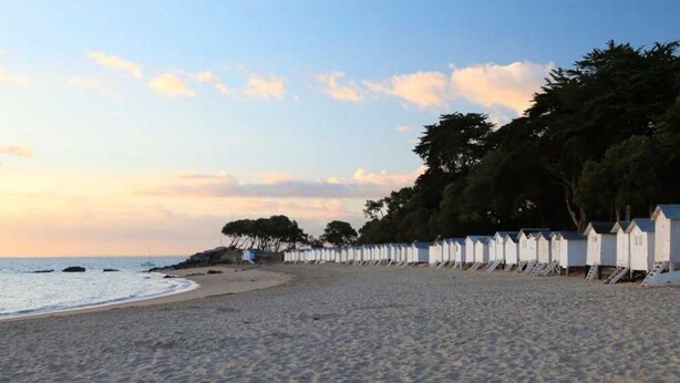 A beach with white beach huts lined up along the shore, a sandy beach, and trees in the background. - ZEcamping 4 étoiles 500m plage parc aquatique mobil-home 31m2 (Sainte Brevin-les-Pins)