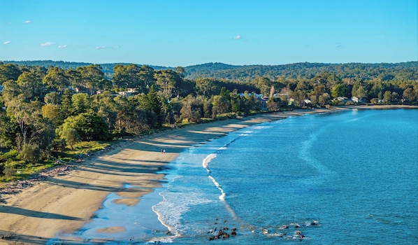Un paisaje costero con playa, árboles y cielo despejado.