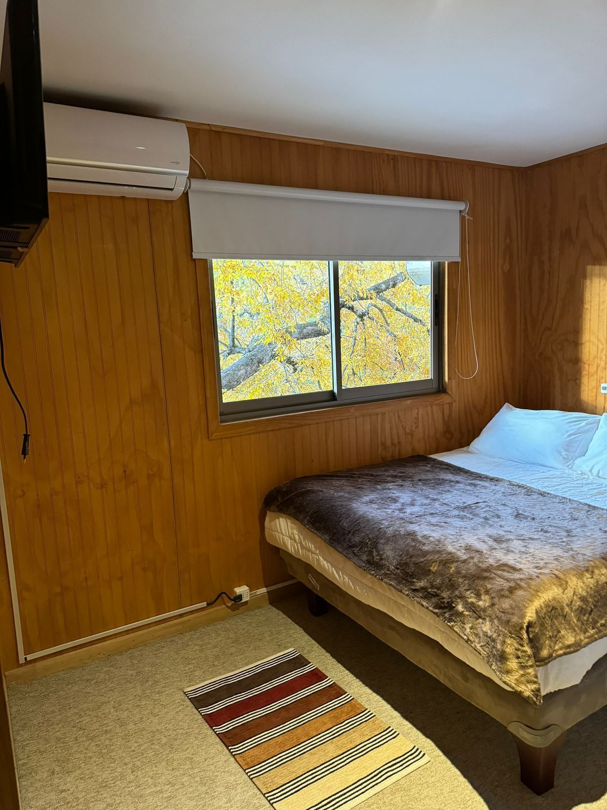 A bedroom with a bed, a window with a view of yellow trees, an air conditioning unit, and a power outlet.