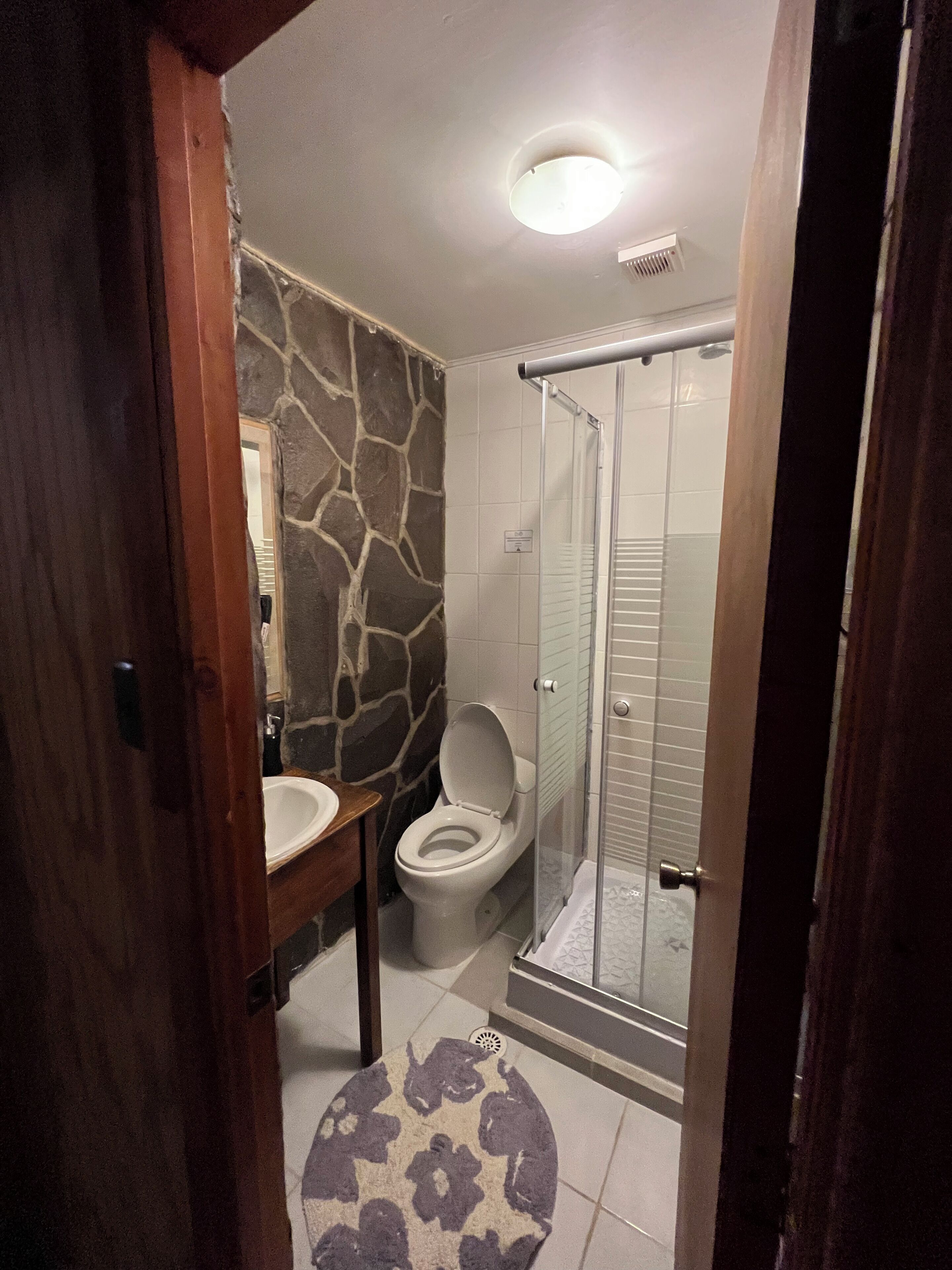 A bathroom with a stone wall, a toilet, a sink, and a glass shower enclosure.