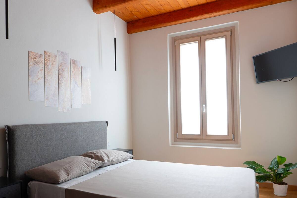 A bedroom with a bed, a nightstand, a TV, a window, and a plant.