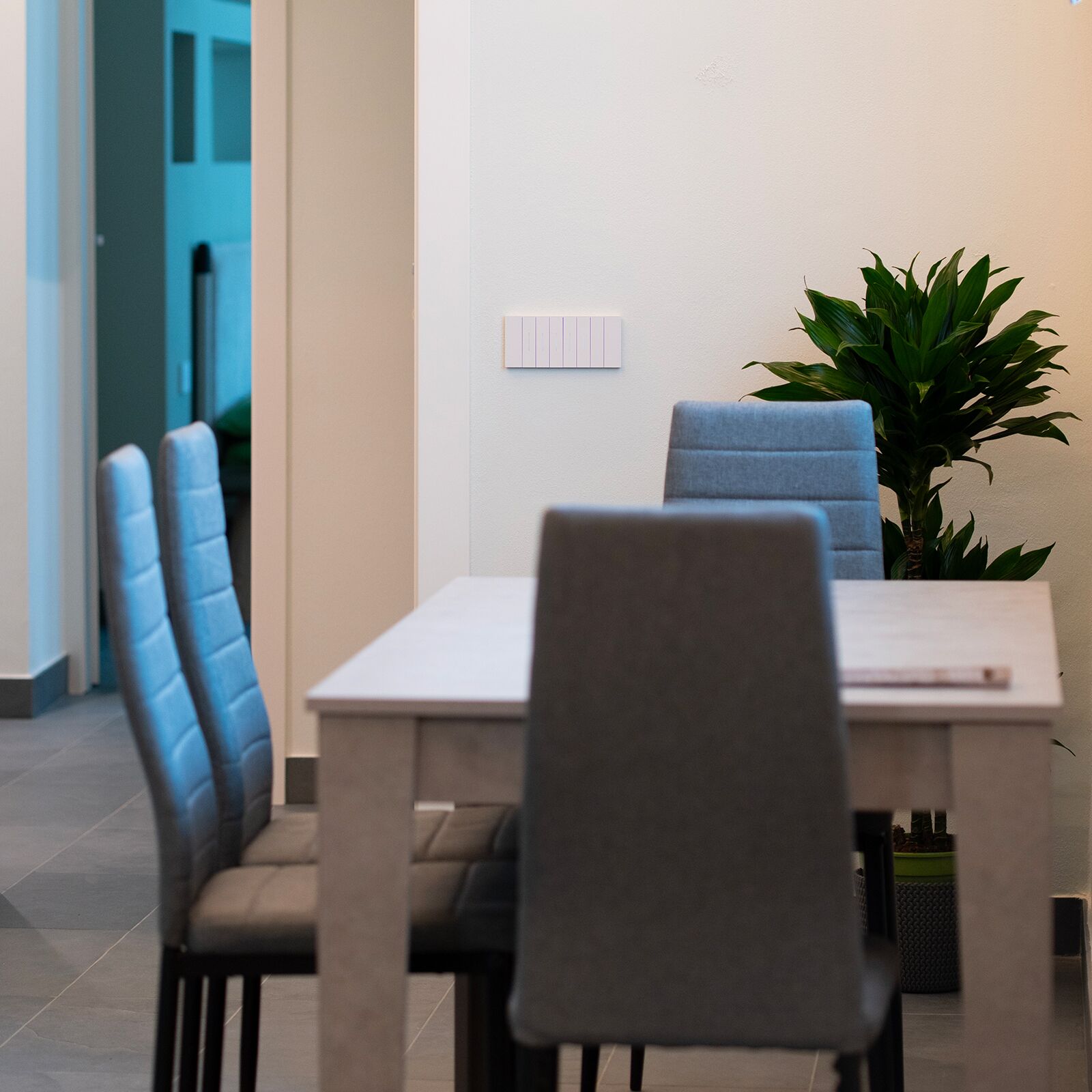 Un coin repas comprenant une table et quatre chaises, un interrupteur fixé au mur et une plante en pot.