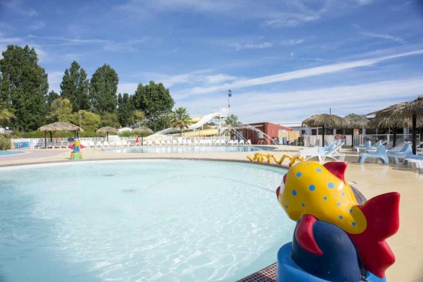 A swimming pool with lounge chairs and umbrellas, surrounded by trees and buildings.