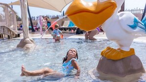A water play area with a large duck statue. - ZEcamping 4* parc aquatique club enfant locatif TV clim 33m2 6 pers (Valras-Plage)