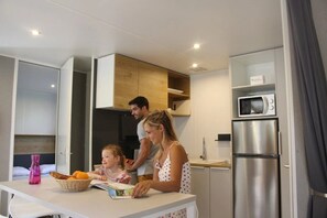 Fridge, microwave, stovetop, toaster