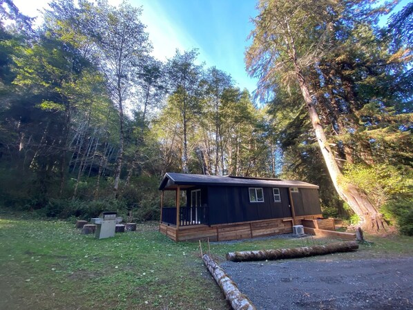 Eine kleine Holzhütte mit einer Holzterrasse, umgeben von dichtem Wald.