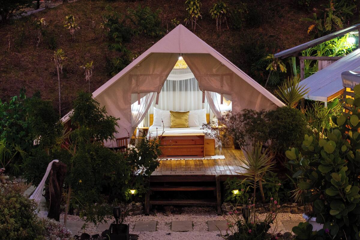 A tented accommodation with a bed, surrounded by plants and a waterfall.