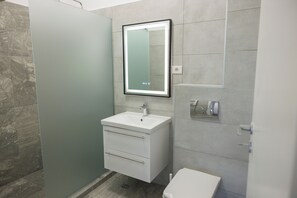 Hair dryer, towels, shampoo, toilet paper