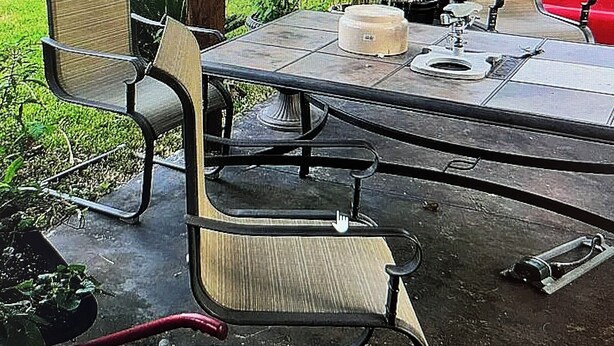 Une terrasse extérieure avec une table et des chaises, entourée d’une clôture en bois et agrémentée de diverses plantes.