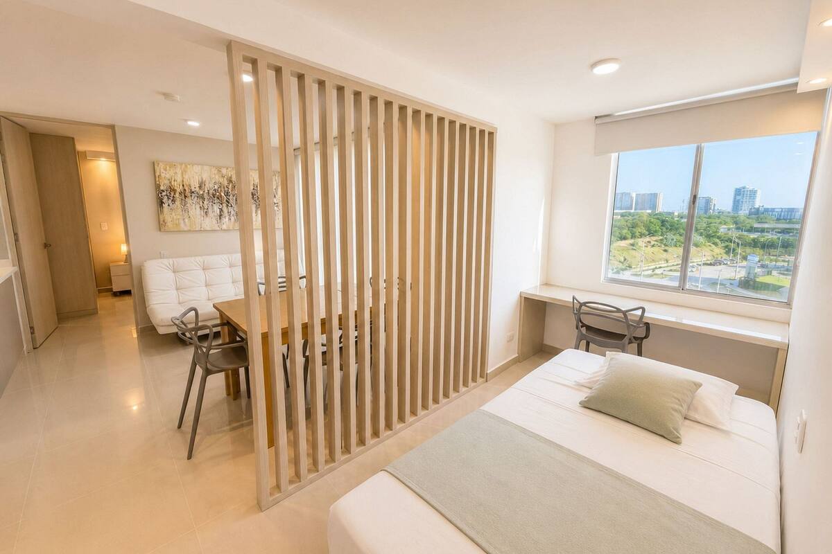 A modern bedroom with a bed, a desk, and a view of the city.