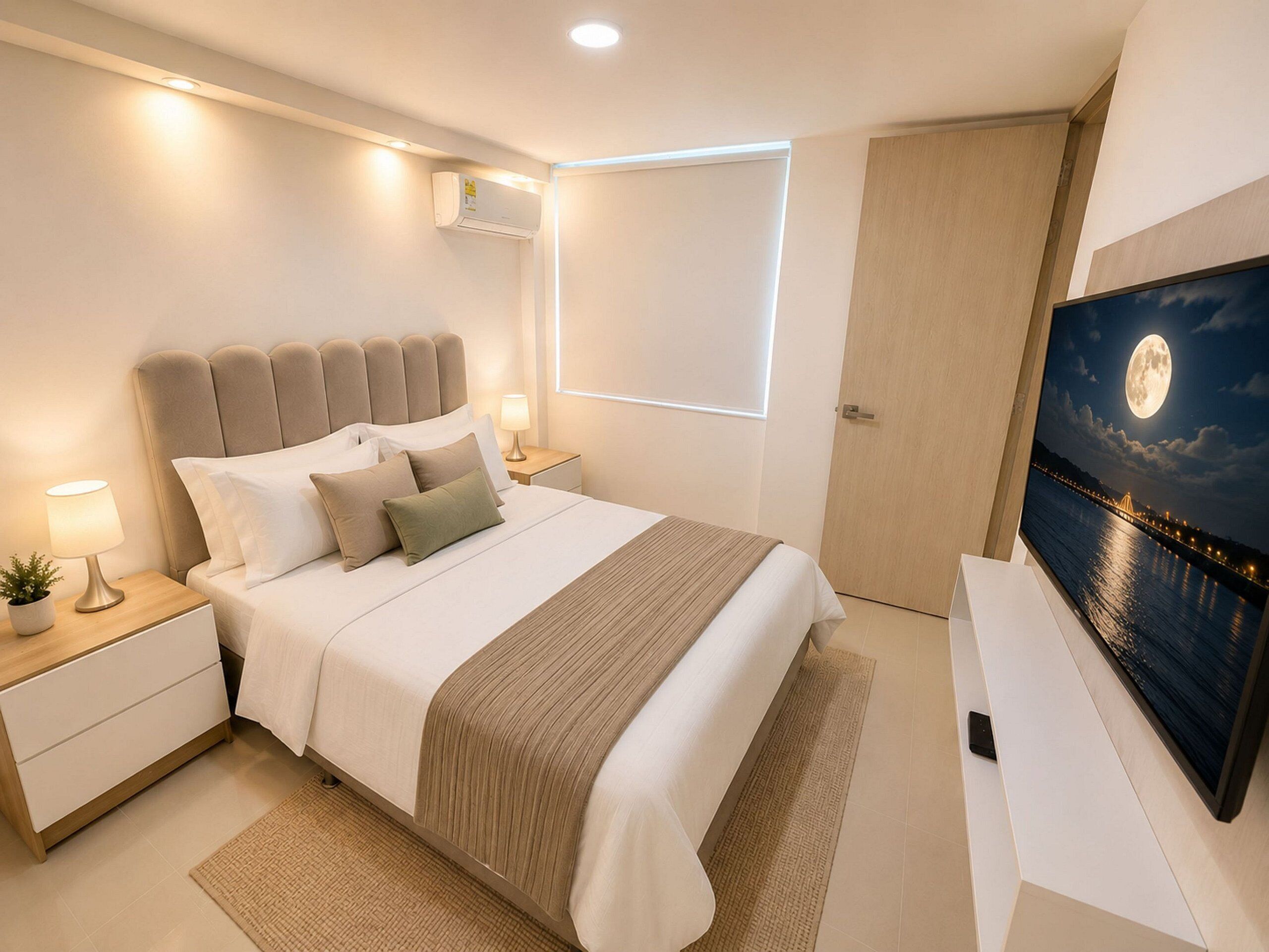 A modern bedroom with a bed, nightstands, a TV, and a painting of a moon over water.