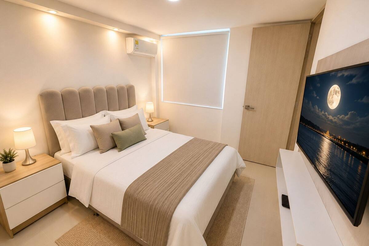A modern bedroom with a bed, nightstands, a TV, and a painting of a moon over water.