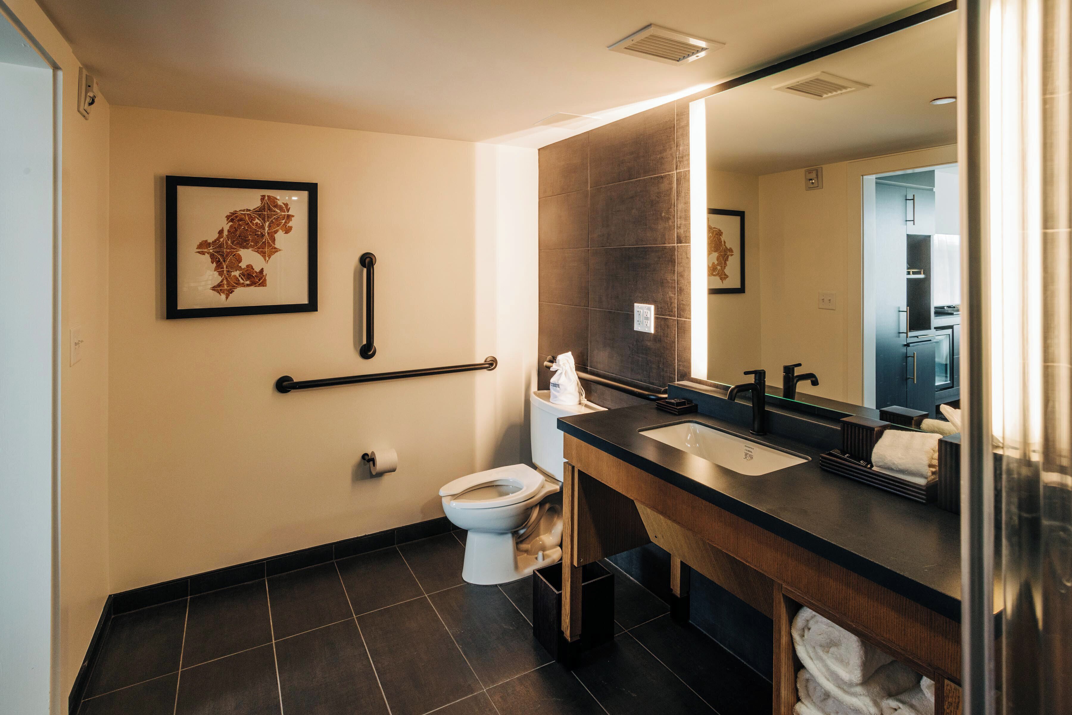A modern bathroom with a toilet, sink, and mirror.