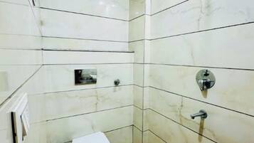 Hair dryer, towels, soap, toilet paper