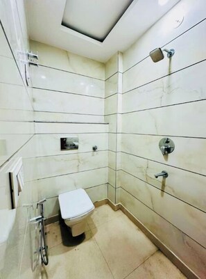 Hair dryer, towels, soap, toilet paper