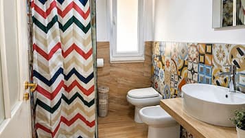 Shower, hair dryer, bidet, towels