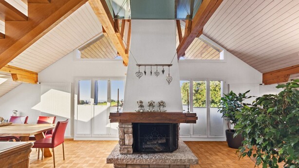 A spacious room with a stone fireplace, wooden beams, and large windows offering views of the outdoors. - VK - Zürich Airport - Luxury - Homestay  (Kloten)