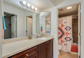Hair dryer, towels, soap, shampoo