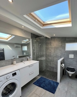 Shower, hair dryer, towels, soap
