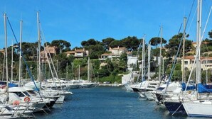 A marina with multiple boats docked, surrounded by residential buildings and greenery.