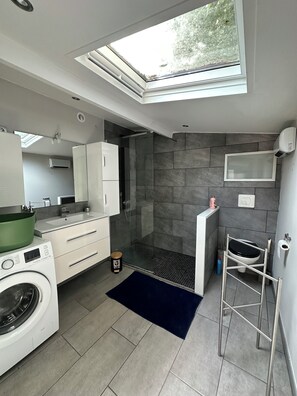 Shower, hair dryer, towels, soap
