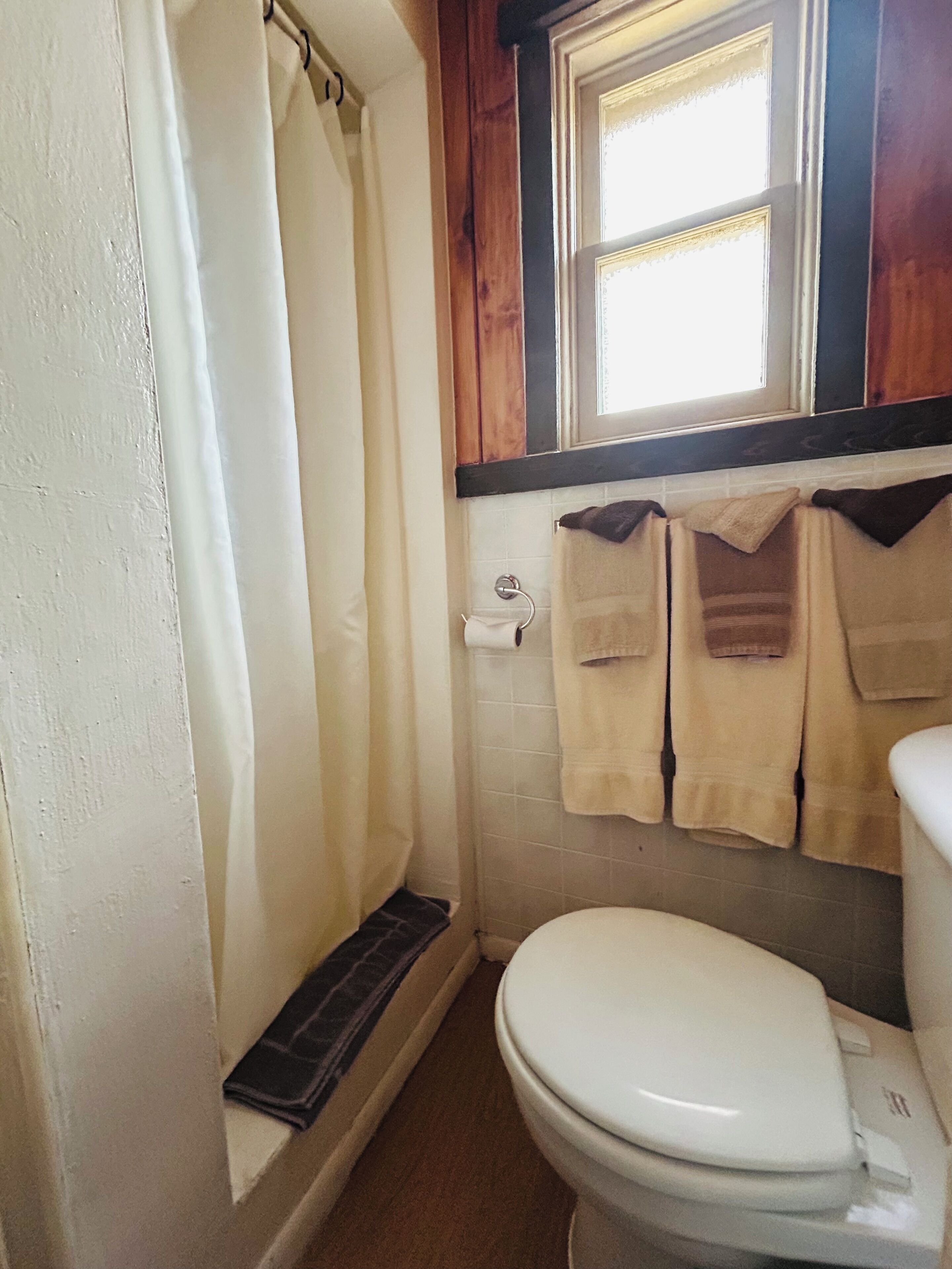 A bathroom with a shower, toilet, and a window above the sink.