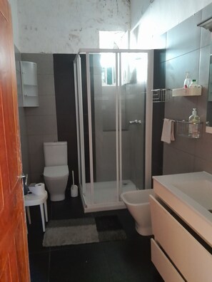 Hair dryer, towels, toilet paper