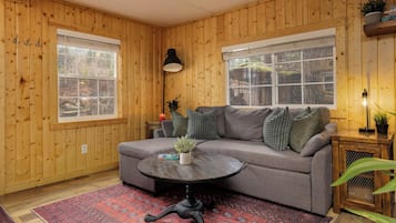 Een smart-tv, een open haard en boeken