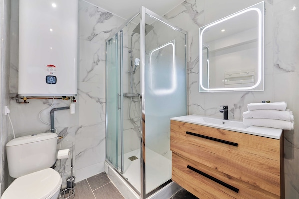 Shower, hair dryer, towels