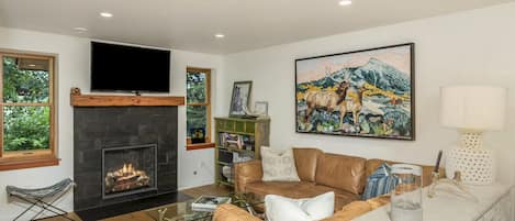 Smart TV, fireplace, books, stereo