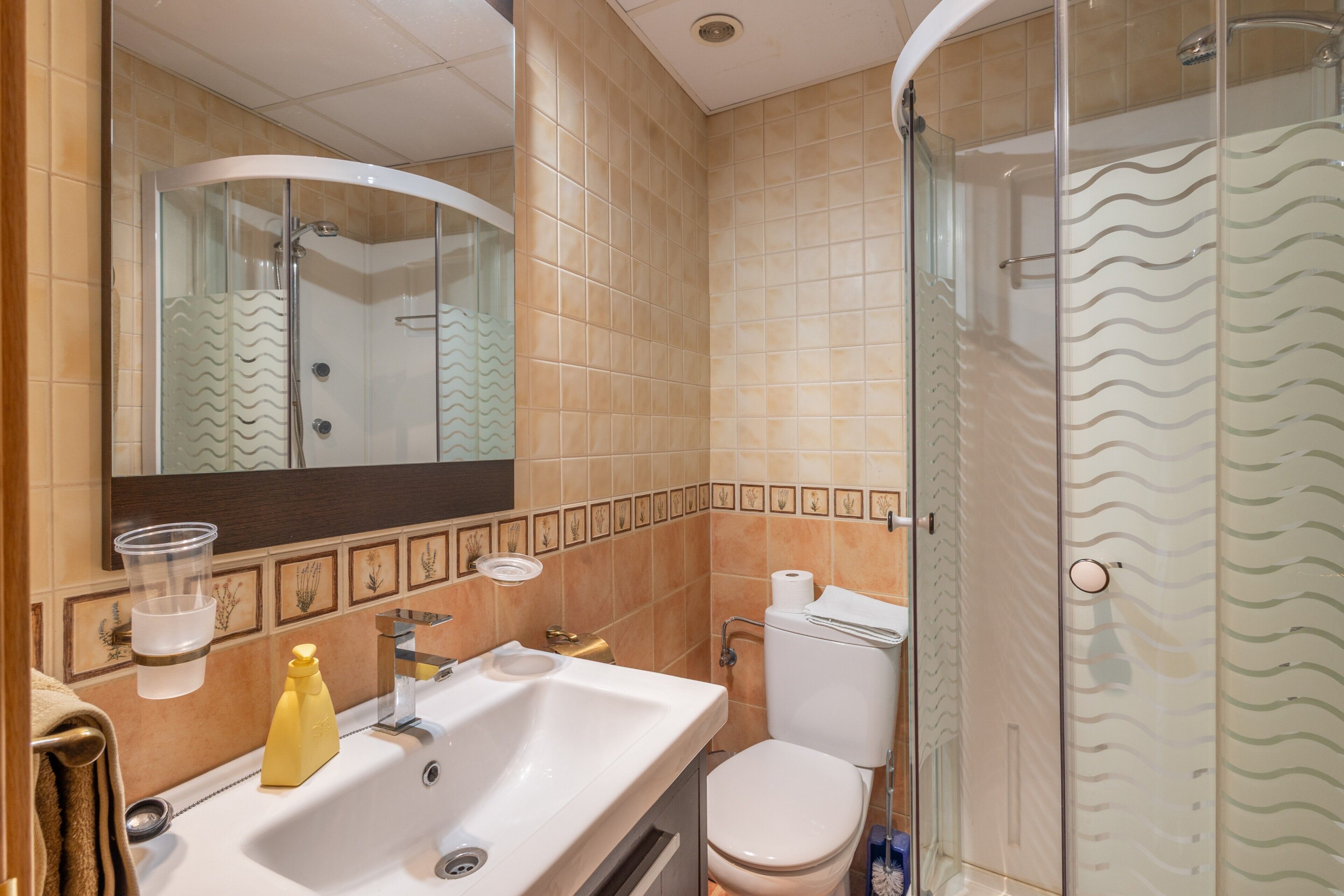 A bathroom with a glass shower enclosure, a sink with a mirror above it, and a toilet.