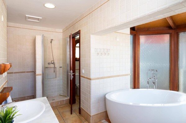 Une salle de bain avec une grande baignoire, une douche et un lavabo.