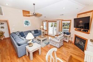 TV, fireplace, DVD player, books