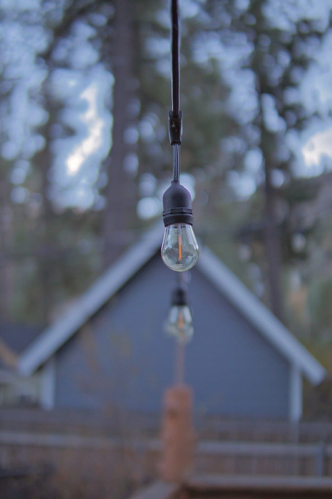 A hanging light bulb with a clear glass enclosure, suspended from a black cord.