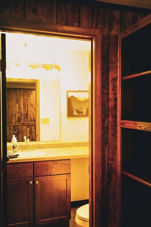 Shower, hair dryer, towels, shampoo