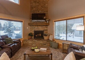 Smart TV, fireplace, foosball