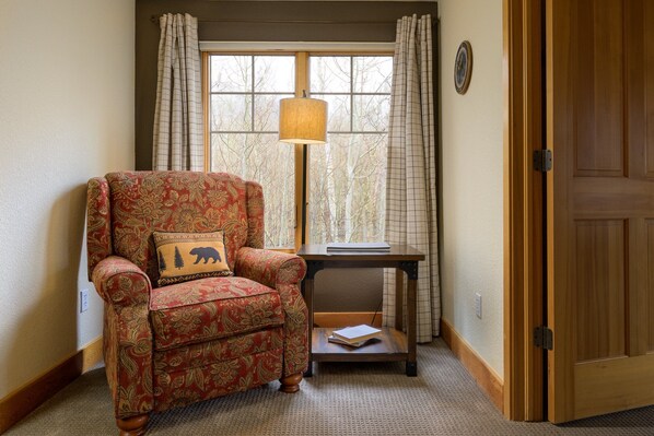 Smart TV, fireplace, video games, video library