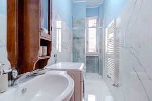 Shower, hair dryer, bidet, towels
