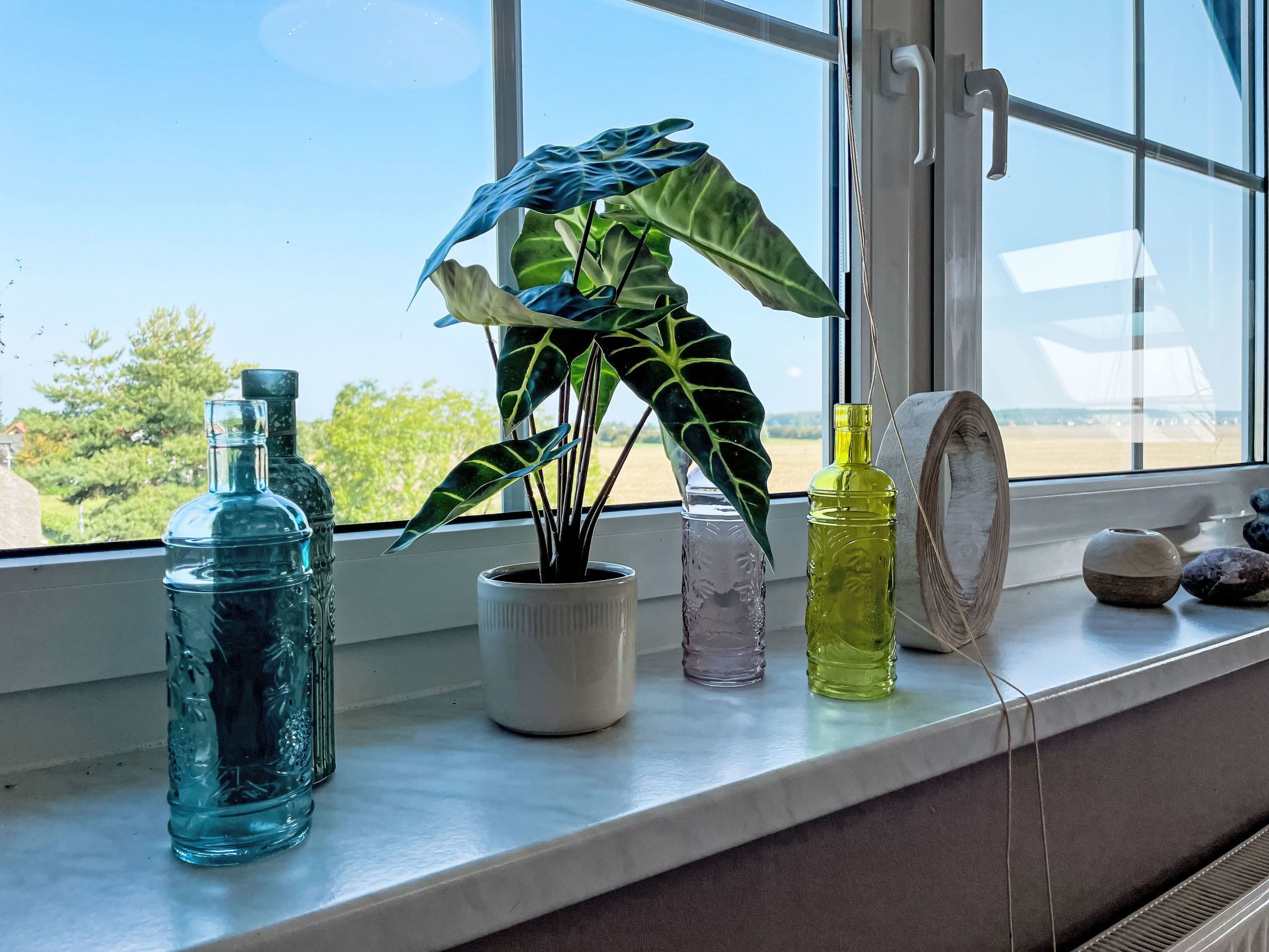 Ein Fensterbrett mit einem Blumentopf, einer Glasflasche und Dekorationselementen.