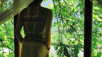 A person standing by a window with a view of greenery.