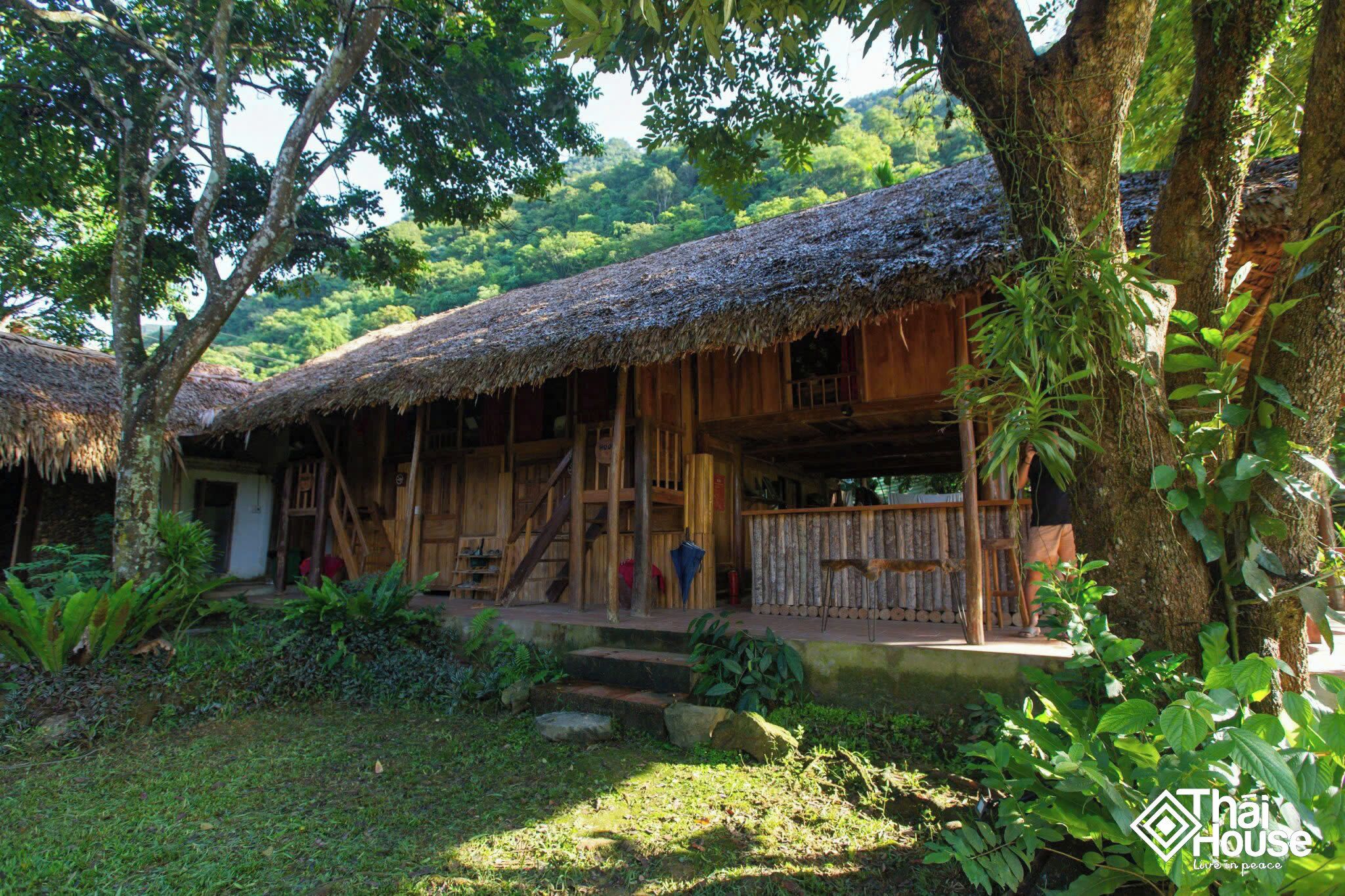 Ein rustikales Holzhaus mit einem strohgedeckten Dach, umgeben von üppiger Vegetation und Bäumen.