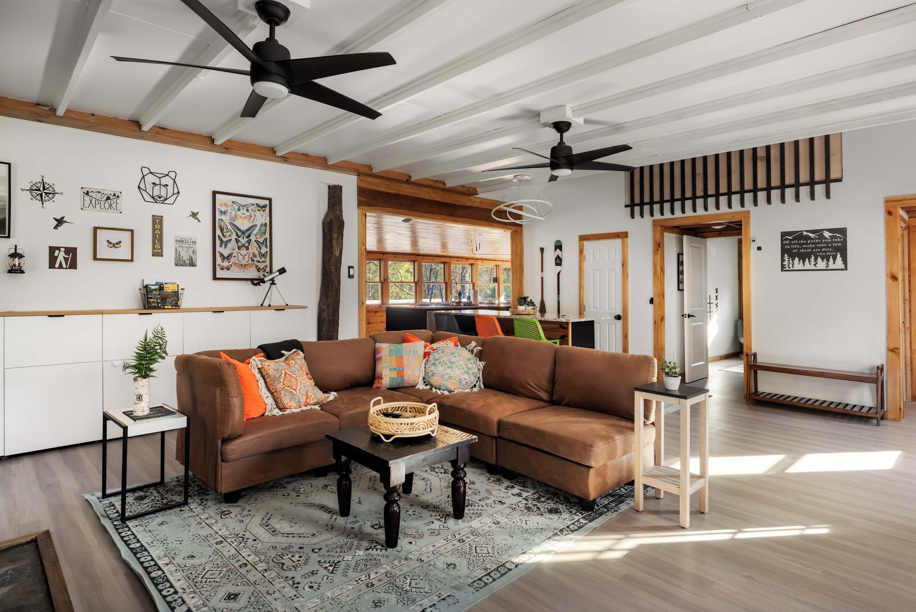 TV, fireplace, books, offices