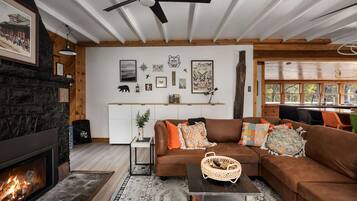 TV, fireplace, books, offices