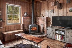 A cozy cabin interior with a brick fireplace, a television, and a bookshelf.
